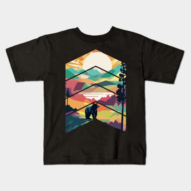 Bear and Mountain Landscape Kids T-Shirt by ganola